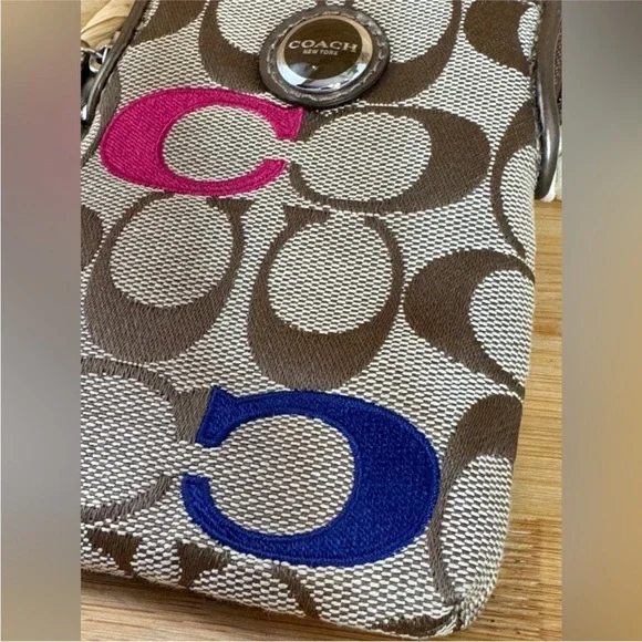 Coach Brown Signature Canvas Phone Case Mini Wristlet with Pink Red Blue Green C - Picture 7 of 15